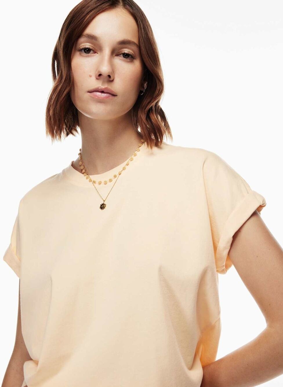 Wilfred Free 100% Cotton Knit Crewneck Rolled Sleeve Beige Tee SZ M Relaxed